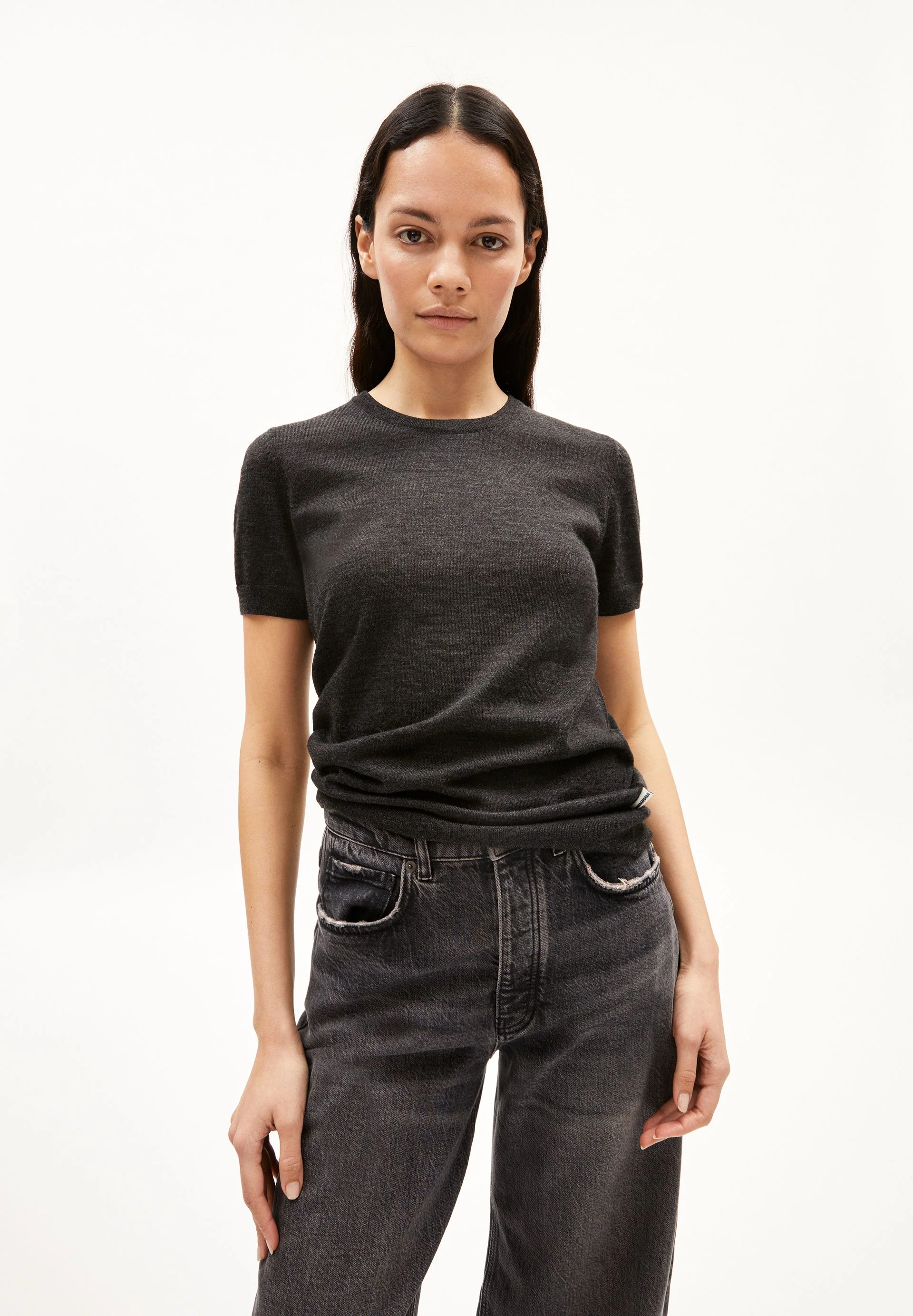 GUILIAA MERINO STRICK T-SHIRT | steel melange