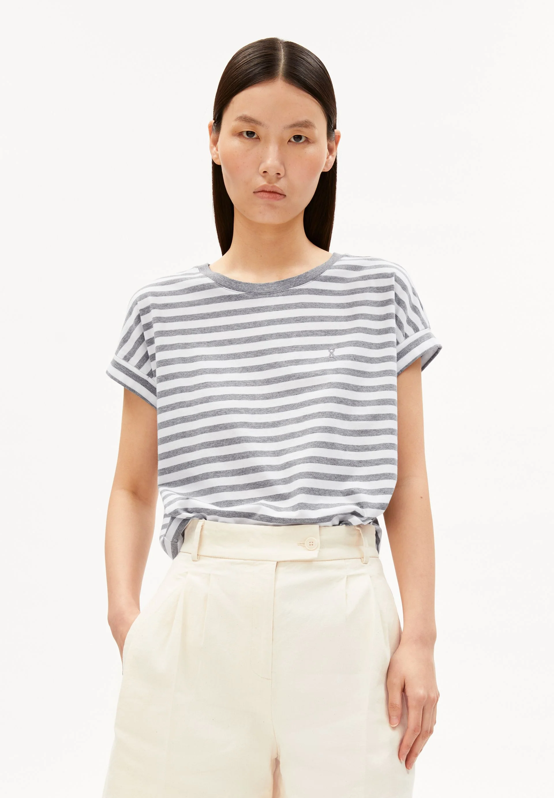 IDAARA GESTREIFTES T-SHIRT | white-silver melange