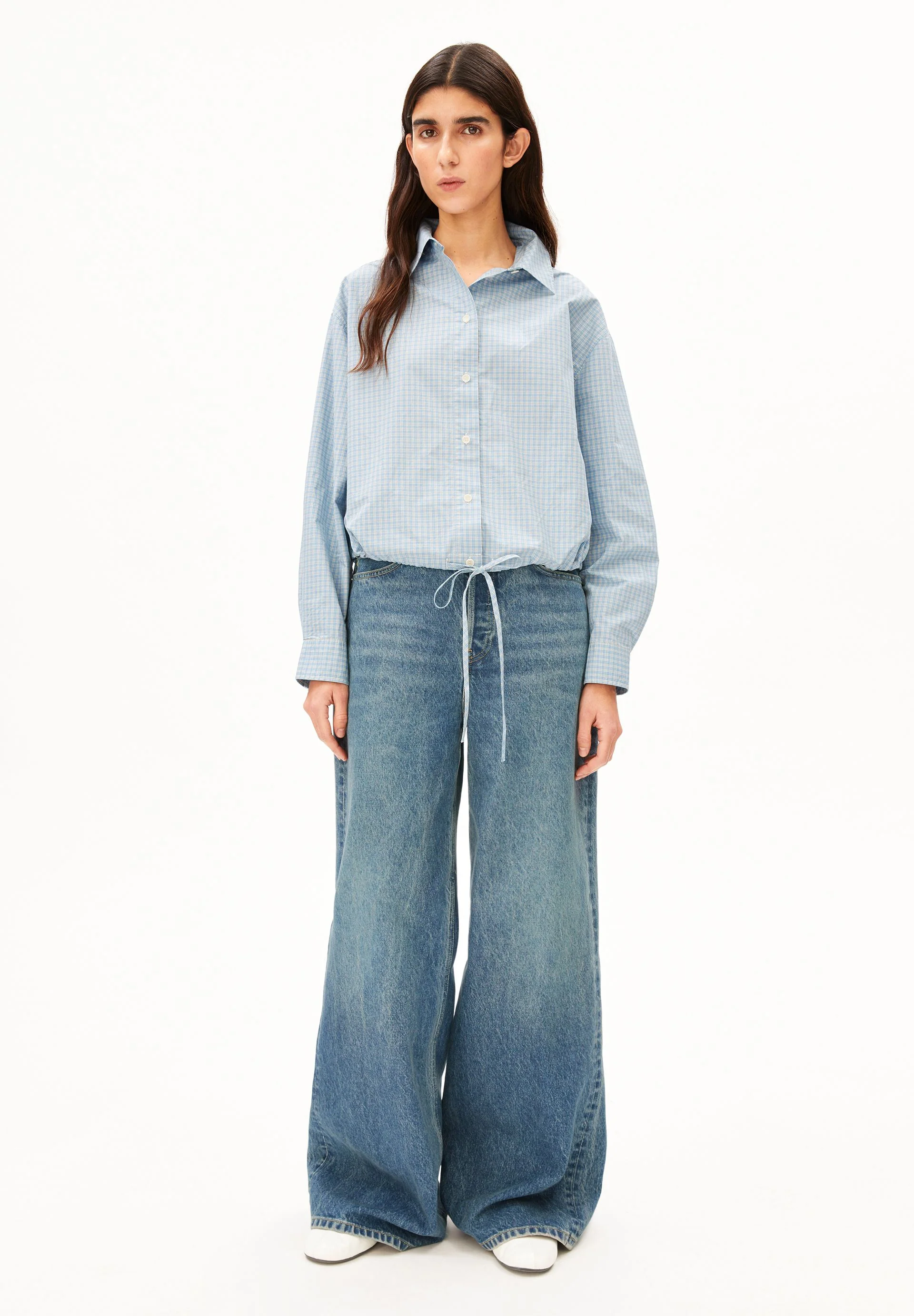 KARIERTE BLUSE MIT KORDELZUG | skylight-oatmilk - Image 5